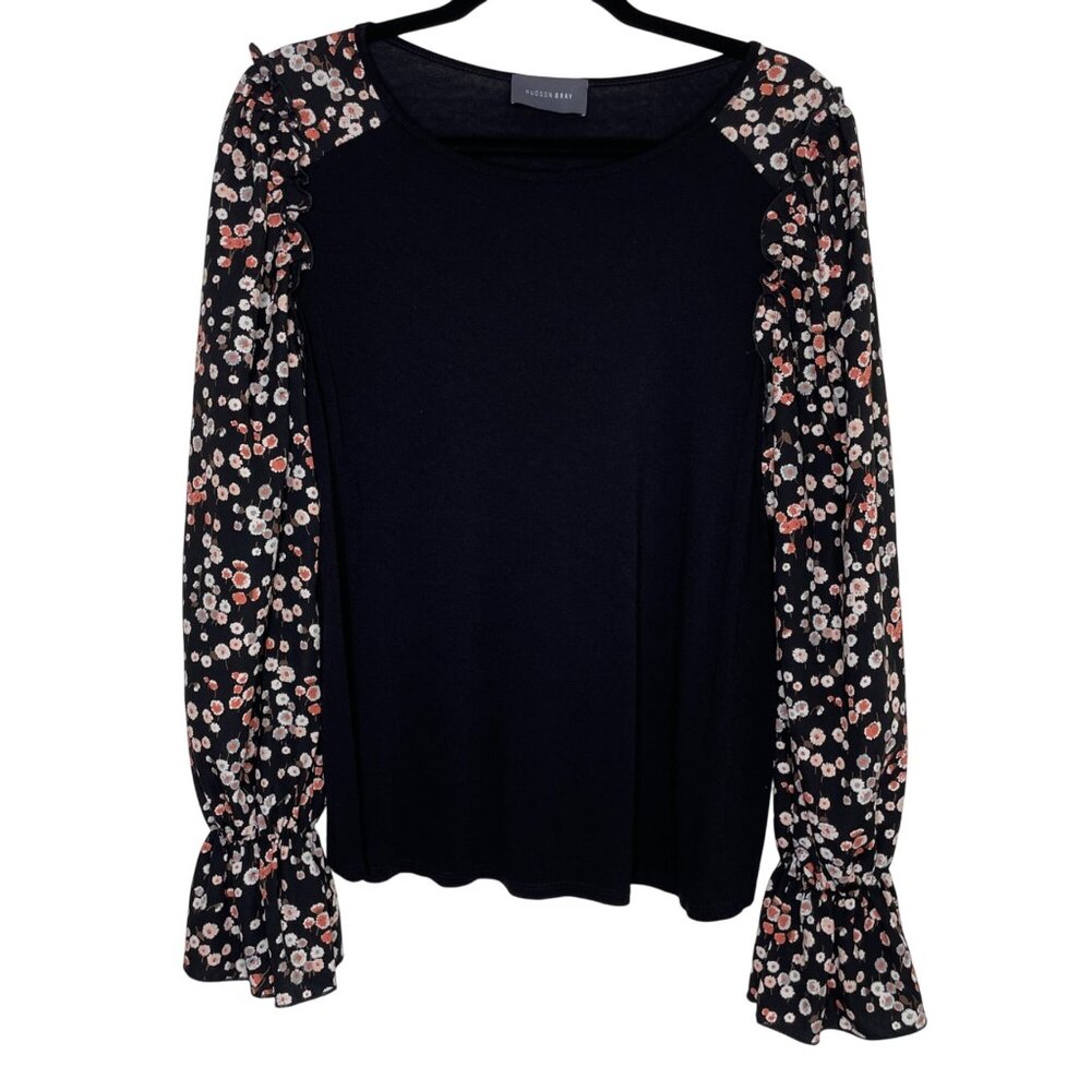 Hudson Gray Black Floral Long Sleeve Top Womens L Made in USA Casual Wear